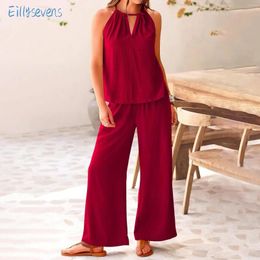 Women's Two Piece Pants Casual Summer Outfits Solid Colour Cotton Linen Sets Cutout Sleeveless Tops Loose Wide Leg Matching Set