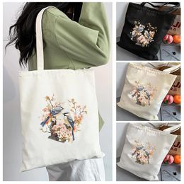Shopping Bags Canvas Bag Women's Bird Print Environmentally Friendly Handbag Large Capacity Student Backpack