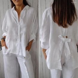 Women's Blouses Women Casual Shirt Lapel 3/4 Sleeve Single Breasted Back Slit Bow Tie Solid Color Elegant Cotton Linen Shirts Streetwear