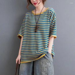 Women's T Shirts Cotton Stripe T-shirts Women Casual Loose Short Sleeve Slim Tops Summer Trend Thin Oversized Shirt Korean Style Tshirt Y2k