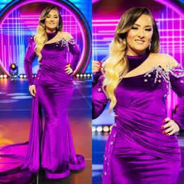 2024 Plus Size Purple Prom Dresses for Black Women Velvet High Neck Long Sleeves Illusion Mermaid Beaded Rhinestones Decorated Birthday Dress For Occasions AM972