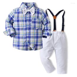 Clothing Sets Spring And Autumn Children's Suit Plaid Long-Sleeved Bow Tie Cotton Shirt Suspender Pants Two-Piece Set