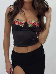 Women's Tanks Camis CHRONSTYLE Embroidery Flowers Slveless Strap Camis Crop Tops Summer Clubwear Sexy Women Low Cut Push Up Tank BustiersCorsets Y240518