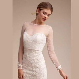 Simple Long Sleeve Wedding Bridal Jacket Lace Bride Wraps Modest Alencon Jewel Neck Sheath Custom Made Plus Size 2217