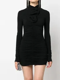 Casual Dresses Sexy Sheath Party Dress 2024 Autumn Women Clothes Fashion Draped 3D Floral Bodycon Mini Black