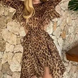 Casual Dresses Sexy Leopard Print Long Sleeved Shirt Hollow Back Bodycon Maxi Fashion Folds Holiday Party Clothes