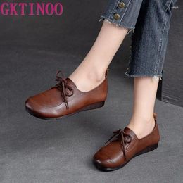 Casual Shoes GKTINOO Soft Genuine Leather Women Flats 2024 Retro Handmade Round Toe Soles Lace-up Comfortable