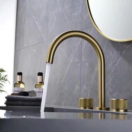 Bathroom Sink Faucets Luxury Split Faucet Tap Cold Water Brushed Gold Splash Proof Brass Wash Basin 3 Holes Copper Lavabo