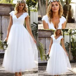 Vintage Tea-length 1950s' Wedding Dresses 2018 Lace Tulle Modest Cap Sleeve V-neck Bohemian Beach Garden Bridal Wedding Gowns 220M