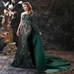 2022 Hunter Green Mermaid Evening Dresses for African Women Long Sexy Side High Split Shiny Beads Long Sleeve Formal Party Illusion Pro 310a