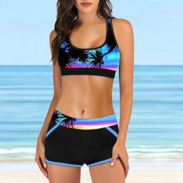 Women's Swimwear Tropical Print Tankini Sets For Sporty 2 Piece Swimsuits Crop Swim Tops With Boyshorts 2024 Summer Beach Bathing Suits