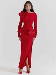 Runway Dresses Mozision Elegant Bow Backless Sexy Maxi Dress For Women Fashion Red O Neck Long Slve Bodycon Club Party Long Dress New T240518