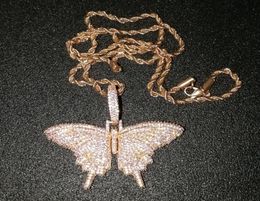 Iced Out Animal Pink butterfly Pendant Necklace With Chain Rosegold Gold Silver Cubic Zircon Men Women Hiphop Rock Jewelry6496738