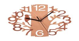 Wooden bird wall clock double stereo fashion circular wood grain wall clock living room bedroom borderless home decoration XD229557846460