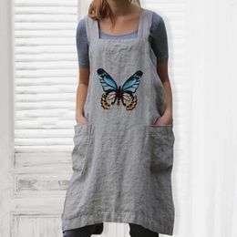 Casual Dresses Women'S Fashion Butterfly Printing With Pocket Loose Cotton Linen Tank Dress Elegant Strap Clothes Elbise