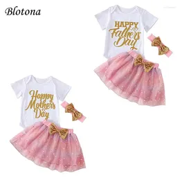 Clothing Sets Father And Mother's Day Baby Girls Jumpsuit Set Summer Letter Print Short Sleeve Romper Sequined Mesh Tulle Skirt Headband