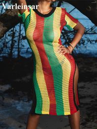 Rainbow Short Sleeve Split Crochet Knitted Tunic Beach Cover Up Cover-ups Dress Wear Beachwear Female Women V4954