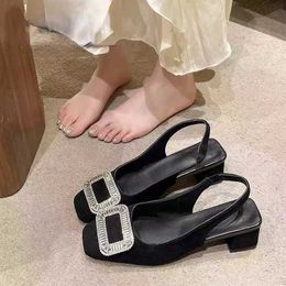 Dress Shoes New Black Luxury Crystal Mid Heels Women Sandals Party Summer Chunky Slingback Slippers Designer Sexy High Heel Pumps H240517