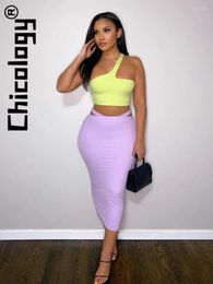 Work Dresses Chicology 2024 Women 2 Pieces Dress Set Contrasting Colours Crop Top One Shoulder Hollow Out Skirt Bodycon Y2K Summer Club