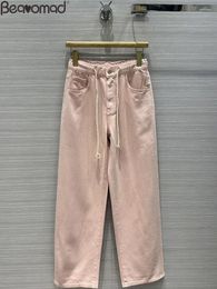 Women's Jeans Fashion Runway Autumn Pink Colour Casual Drawstring Waist Multi Pocket Straight Barrel Trousers