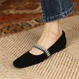 Casual Shoes 2024Spring Black Suede Women Flats Vintage Square Toe Single Creepers Rhinestone Strap Moccasins Femmes Crystal Espadrilles