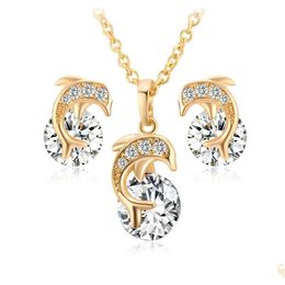 Earrings Necklace Gold Plated Jewellery Set Fashion Dolphin Pendant Charms Cubic Zircon Zirconia Diamond Stud Earring For Women Girls Dhdsl