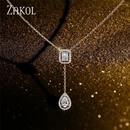 Pendant Necklaces ZAKOL Classic Square Water Drop Zircon Necklace Brilliant Shiny Wedding Party Engagement Jewelry Gifts For Women