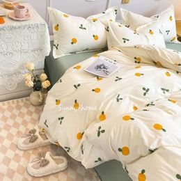 Ins Style Duvet Cover Set with Flat Sheet Pillowcases Cute Orange Cherry Crow Printed Single Double Queen Size Girls Bedding Kit 240517