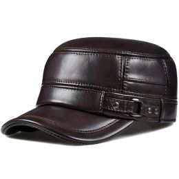 Winter Genuine Leather Cap Men's Flat Caps Warm Army Military Hat Elegant Man Baseball Cap British Vintage Cowhide Leather Hat