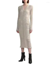 Casual Dresses 2024 Autumn Women Knit Thin Midi Dress Slim Fit Long Sleeve V-neck Single Breasted Female Robes