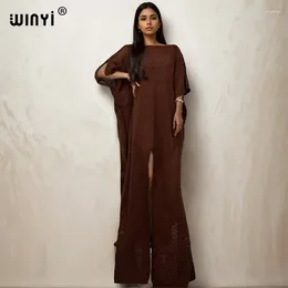 Casual Dresses WINYI Winter Women Africa Boho Covers Knitted Solid Colour Sexy Hollow Out Floor Long Dress Black Fashion Holiday Kaftan