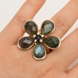 Cluster Rings G-G Real Labradorite Gems Flower Clear CZ Paved Adjustable Handmade Stone Ring Lady Simple Gifts