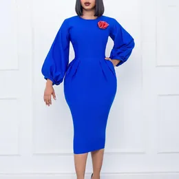 Casual Dresses Bodycon For Women Round Neck Full Sleeve High Waisted Package Hips Mid Calf Elegant Autumn African Office Business Dress