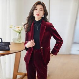 Women's Two Piece Pants High Quality Fabric Women Business Suits With And Jackets Coat Autumn Winter Blazers Pantsuits Velvet Work Wear Sets