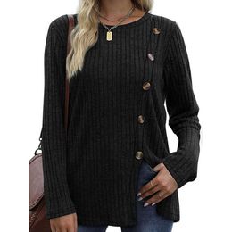 Up Button Women New Fashionable Autumn Casual Solid Color Long Sleeved T Shirt