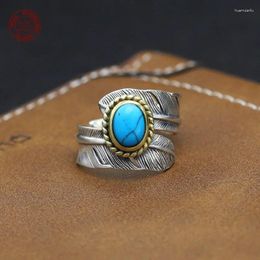 Cluster Rings S925 Sterling Silver Feather Ring Fashion Vintage Set Turquoise Men's And Women's Open Jewelry Gift Factory Price