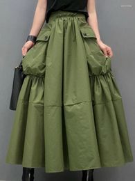 Skirts QING MO 2024 Summer Army Green Women Skirt Large Pocket Splicing Solid Color Minimalism Casual Fashion A-line ZXY183