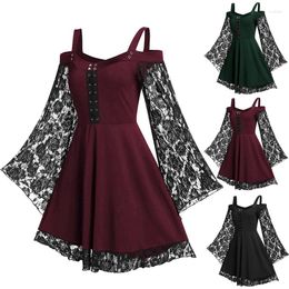 Casual Dresses 2024 Vintage Women Lace Patchwork Flare Sleeve A-line Dress Spring Autumn Summer Punk Partywear Gothic Big Size L To 5XL