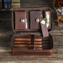 Watch Boxes Luxury Genuine Leather 4 Slots Humidor Box Travel Portable Case With Humidifier Magnetic Hygrometer Cutter Lighter Pocket