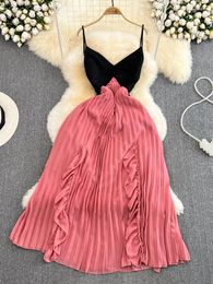 Casual Dresses Summer Women Spaghetti Strap Beach Long Dress Sexy V-Neck High Waist Ruffle Patchwork Pleated Maxi Robe Female Vacation M891