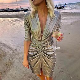 Casual Dresses Women Sexy Sequins V Neck Long Sleeve Self Cultivation Slim Elegant Ladies Party Dress