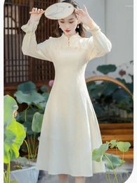 Casual Dresses 2024 Autumn Chinese Style Young Lady Elegant Dress Long Flare Sleeve Mandarin Collar Female Cheongsam Slim Women's Vintage