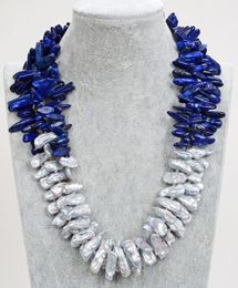 GuaiGuai Jewellery Natural Grey Biwa Pearl Blue Lapis Necklace Handmade For Women Real Gems Stone Lady Fashion Jewellery5405024