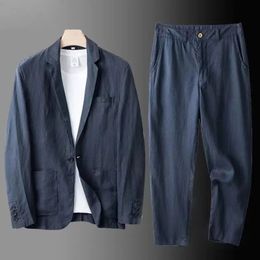 Spring Autumn Fashion Men Linen Twopiece Set Blazer Jacket Pants Solid Slim Fit Casual Business Thin Clothing Breathable Suit 240517