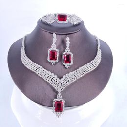 Necklace Earrings Set Fashion Luxury Red Squre Crystal Flower Zircon Earring Wedding Bride Banquet Dinner Jewellery