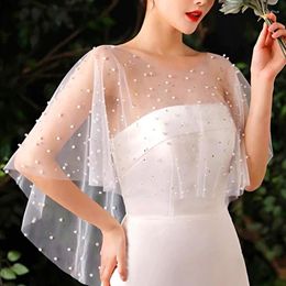 Ethnic Clothing Women Party Dress Pearls Beaded Sheer Tulle Rhinestone Bridal Wrap Wedding Shawl Cover Up Soft Elegant