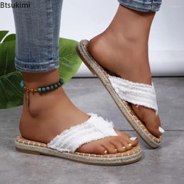 Slippers 2024 Women Fashion Comfy Beach Flip Flops Summer Soft Bottom Casual Flat Shoes Solid Plush Edge Canvas Slides