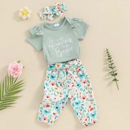 Clothing Sets Born Baby Girls Pant Summer Clothes Short Sleeve Letters Jumpsuit With Flower Pants And Headband
