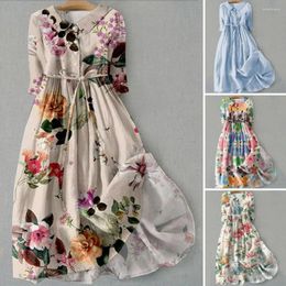 Party Dresses Bohemian Style Dress Floral Print Midi With Lace-up Detail V Neck Women's Spring A-line Pleated For High