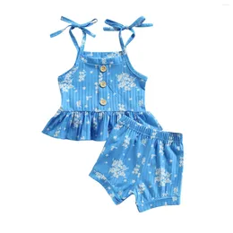 Clothing Sets 2Pcs Toddler Summer Outfit Girls Floral Tied Spaghetti Strap Tank Tops Elastic Waist Shorts 6 Months To 4 Years
